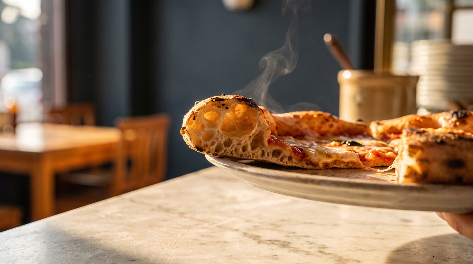 Sezione di pizza contemporanea: alveolatura aperta e cornicione leggero