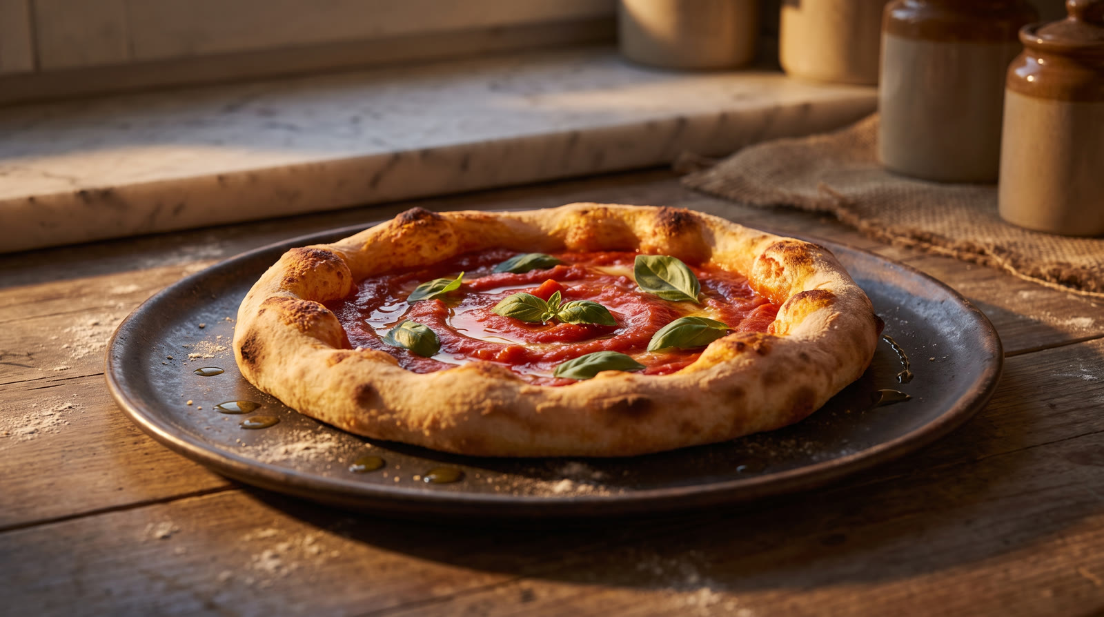 Pizza Pop di Catello con cornicione alto dorato su piatto scuro